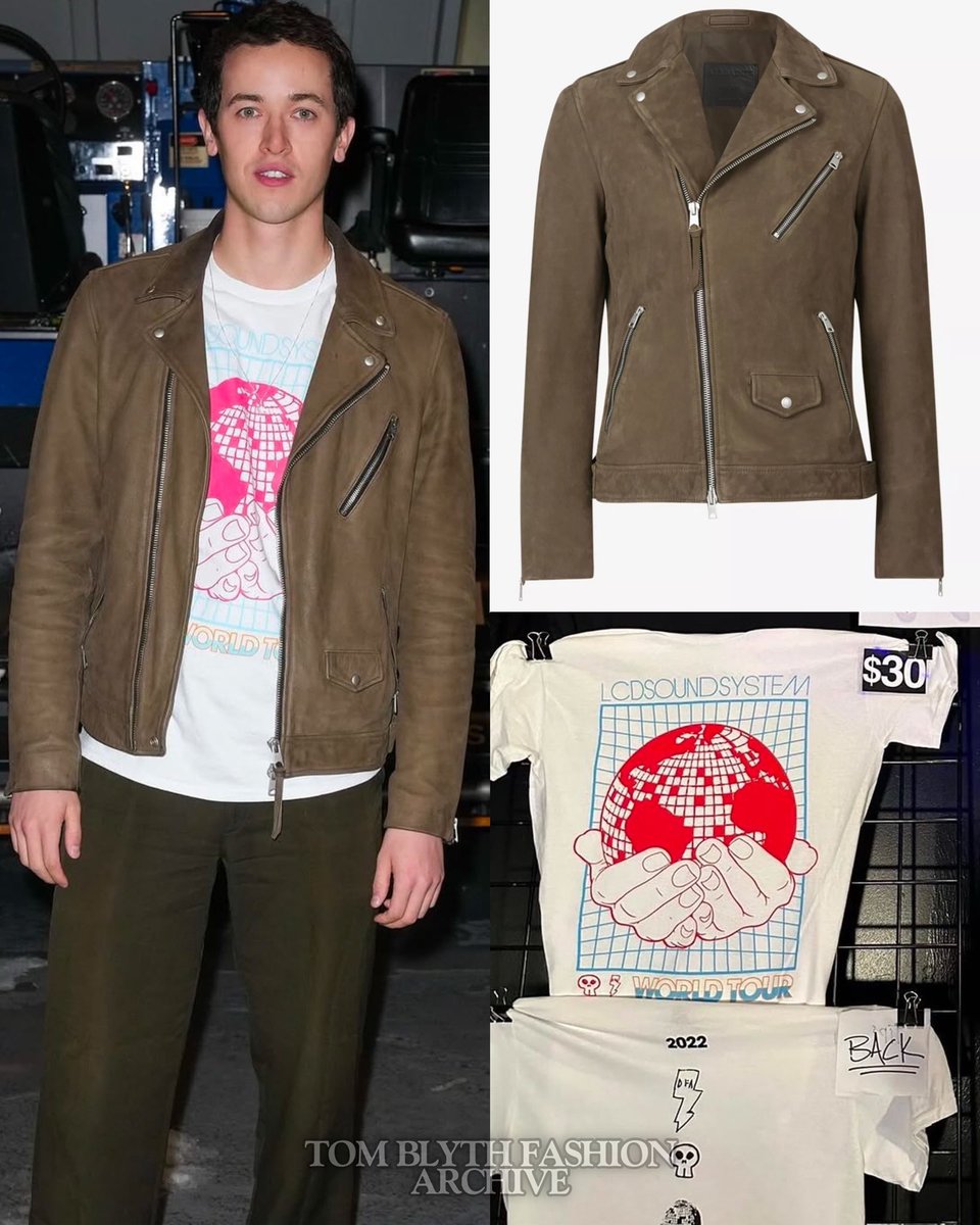 tomblythfashion's tweet image. Tom Blyth wearing #AllSaints Niles Suede Biker Jacket ($570) and #LCDSoundsystem 2022 World Tour T-Shirt ($30)