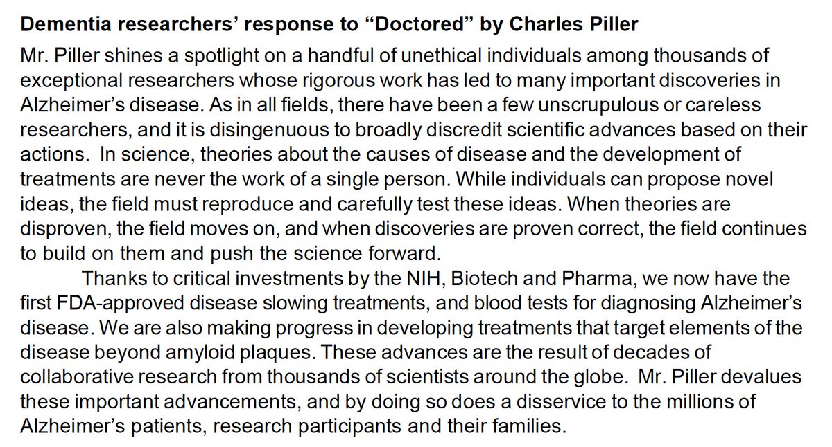 Wilcock_v2's tweet image. On behalf of all of my co-authors, I am sharing a collective response to the book "Doctored" by Charles Piller and in response to his NYT article promoting the book. @ApostolovaLiana @grinberg_t @holtzman4 @lab_lamb @clemere99 @MaluTansey @ers_net et al. Full author list shown.…