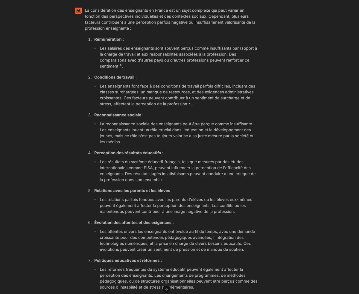 🤖
Salaires insuffisants, classes surchargées, réformes incessantes, faible reconnaissance sociale, même #MistralAI est capable de comprendre pourquoi la profession enseignante sombre dans l'abîme.
Et vous, <a href="/Elisabeth_Borne/">Élisabeth BORNE</a> ?
