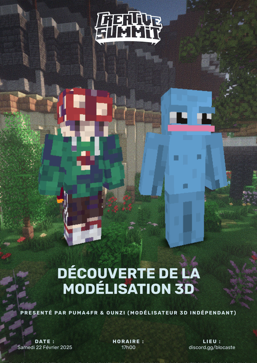 BlocasteMC's tweet photo. 🎙️ Masterclass : Découverte de la modélisation 3D
Plongez dans l’univers de la modélisation 3D avec Puma4fr et Ounzi ! Découvrez le logiciel Blockbench, créez votre premier modèle 3D et apprenez à l’importer en jeu.

🔗 https://t.co/bXwrTaPkXj