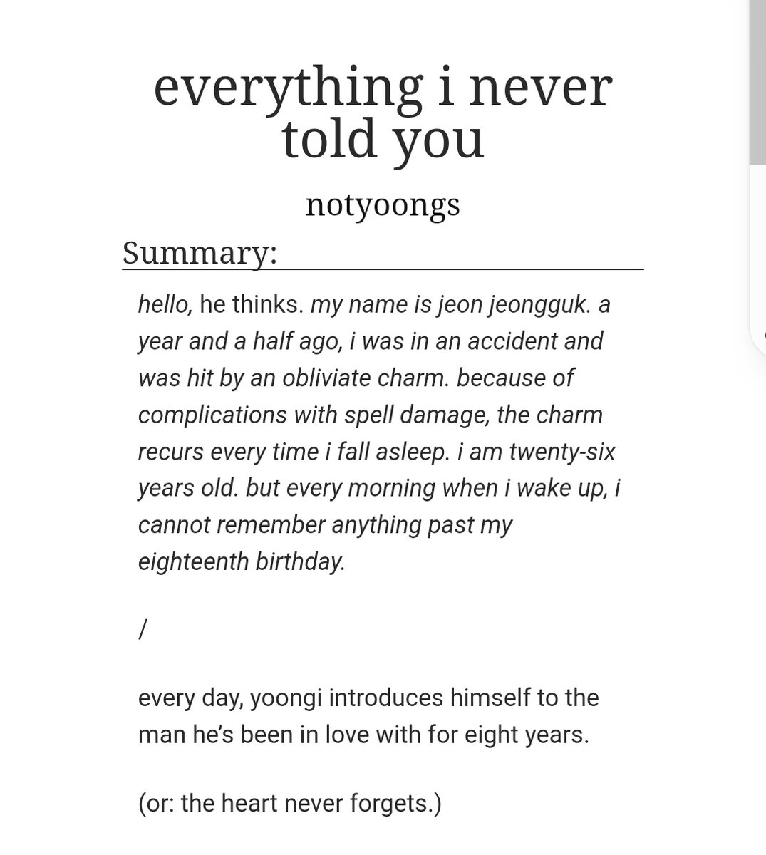 coraskive's tweet photo. everything i never told you by notyoongs

» yoonkook
» 27.2k
» every day, yoongi introduces himself to the man he’s been in love with for eight years.
» (or: the heart never forgets.)

https://t.co/442WQ5LN7D https://t.co/msL536kBKO