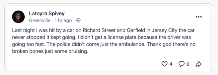 SafeStreetsJC's tweet photo. #JCcrashes Garfield Ave and Richard St. Woman was hurt by a hit-and-run driver last night π‘. Thankfully no broken bones. With the end of MUA work, Garfield Ave has become more dangerous again. We must fix Garfield Ave. https://t.co/bu38rmEQtk