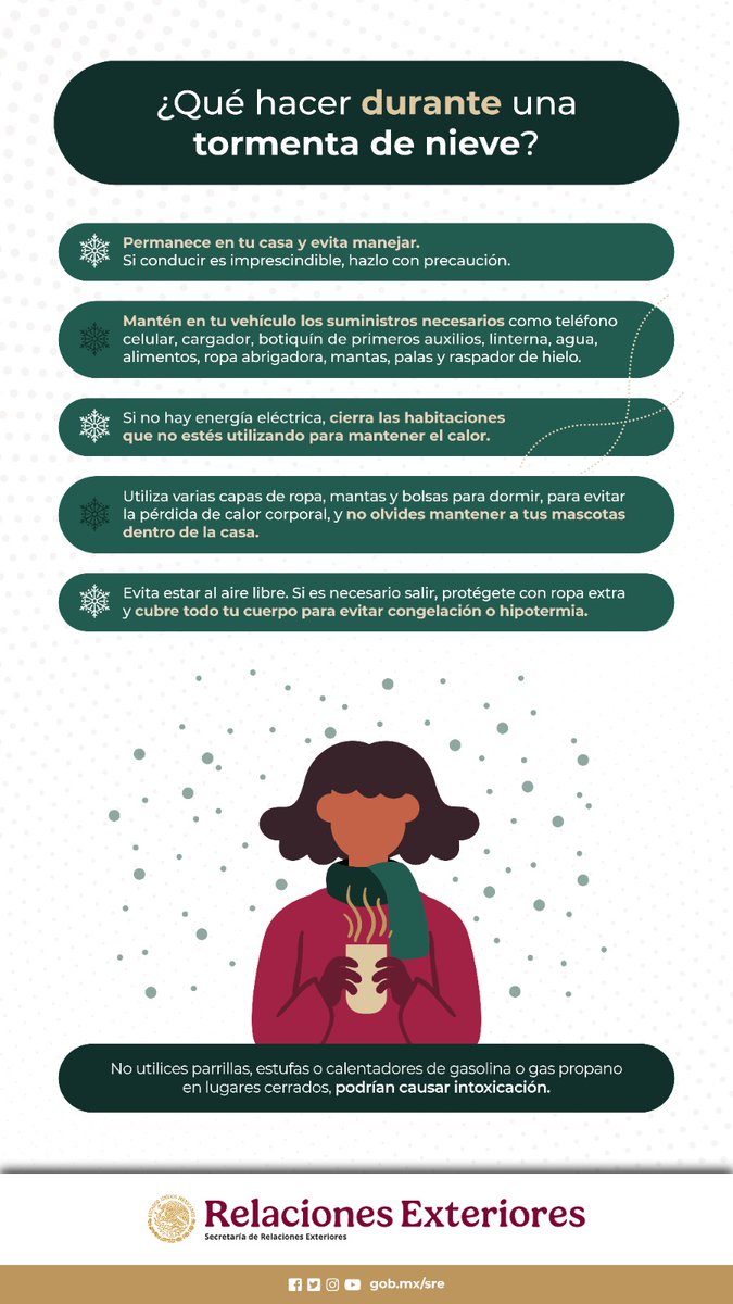 ⚠️Atención comunidad 🇲🇽 en #NuevaJersey: 

❄️🌨️ El pronóstico del clima anuncia nevadas para los próximos días. Prepárate y toma precauciones: 

✅ Usa ropa 🧥🧤abrigada. 
✅ Mantén tu 🏠 caliente y revisa que las ventanas estén bien selladas. 
✅ Prepara un kit de emergencia🎒.