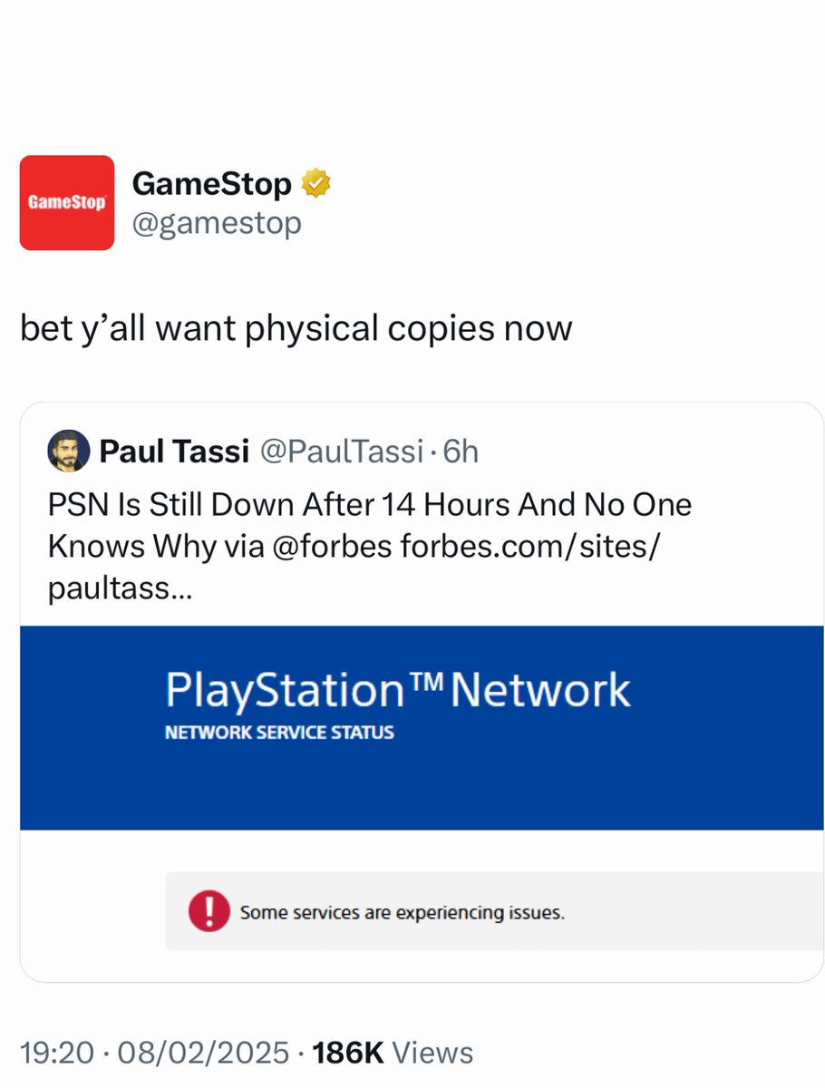 DiscussingFilm's tweet image. GameStop has made a post about the ongoing PlayStation Network outage.

“Bet y’all want physical copies now”