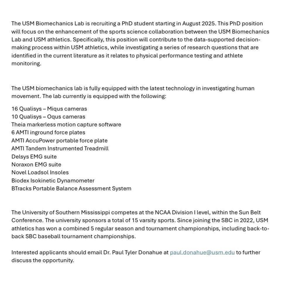 Cosmos Scholarship Network (@obengcosmos) on Twitter photo Fully funded PhD position starting August 2025 at the University of Southern Mississippi
Come join their team working in collaboration with Southern Miss athletics and enhance their sports science initiative.
If interested, reach out at paul.donahue@usm.edu Fully funded PhD position starting August 2025 at the University of Southern Mississippi
Come join their team working in collaboration with Southern Miss athletics and enhance their sports science initiative.
If interested, reach out at paul.donahue@usm.edu
