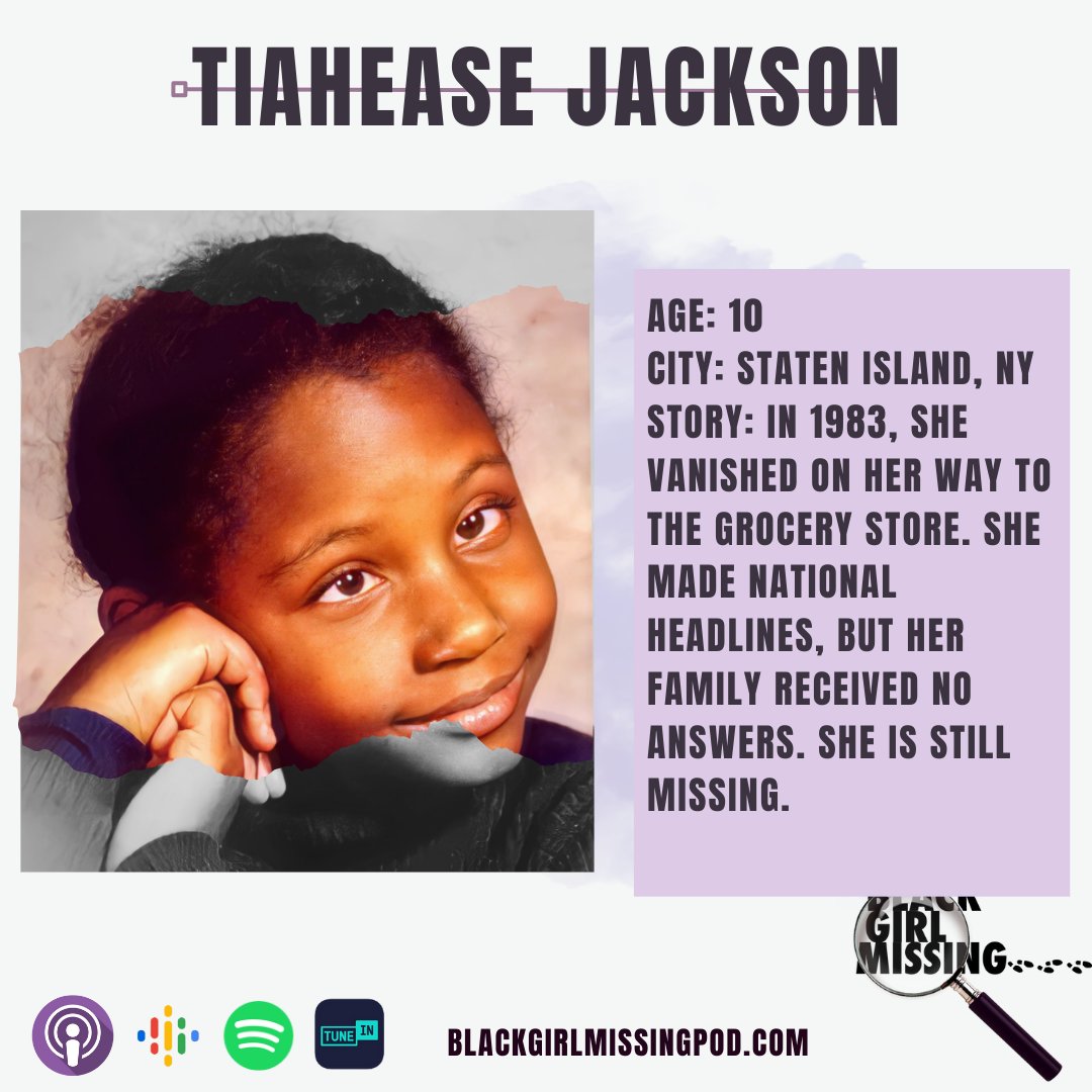 #BlackGirlMissing Season 4 Episode 6

MISSING: Tiahease Jackson
Tiahease went missing after being sent to the grocery store. She has never been found. 

Stream now wherever you listen to podcasts.
blackgirlmissingpod.com