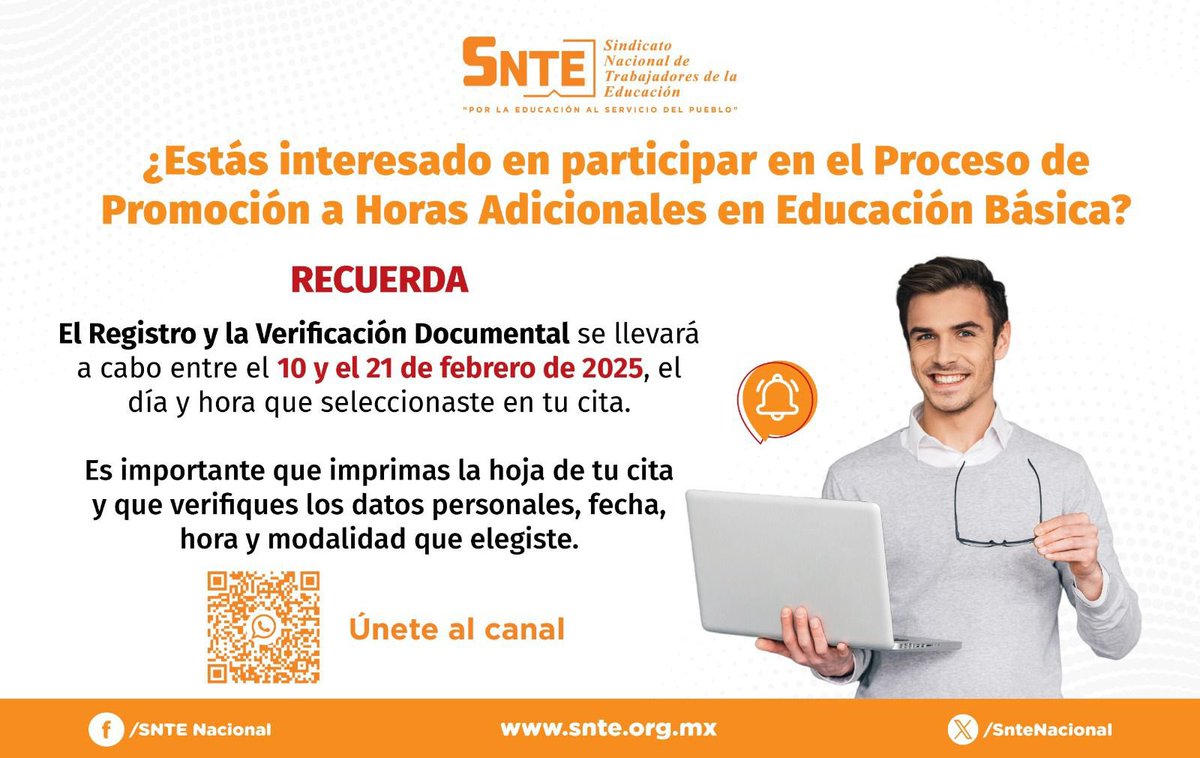 ¡Atención, maestras y maestros!  

Inicia el Proceso de Promoción a Horas Adicionales en Educación Básica. El registro y la verificación documental serán del 10 al 21 de #Febrero, de acuerdo con tu día y hora de cita. Recuerda imprimir tu hoja de cita y verificar los datos. 👁️