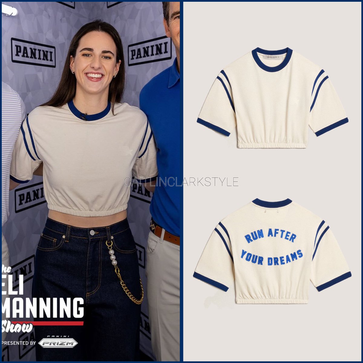 caitlinclarksty's tweet photo. February 8, 2025: @CaitlinClark22 Eli Manning Show | New Orleans, Louisiana | wearing #GoldenGoose Aged white cotton cropped T-shirt. Shop: $370  https://t.co/dOc7sJtaJm #GGPartner 

This crop top is track and field-inspired with a seventies flair. The brand notes it references the American vintage training aesthetic; quite fitting for the Big Game ahead 🏈🇺🇸