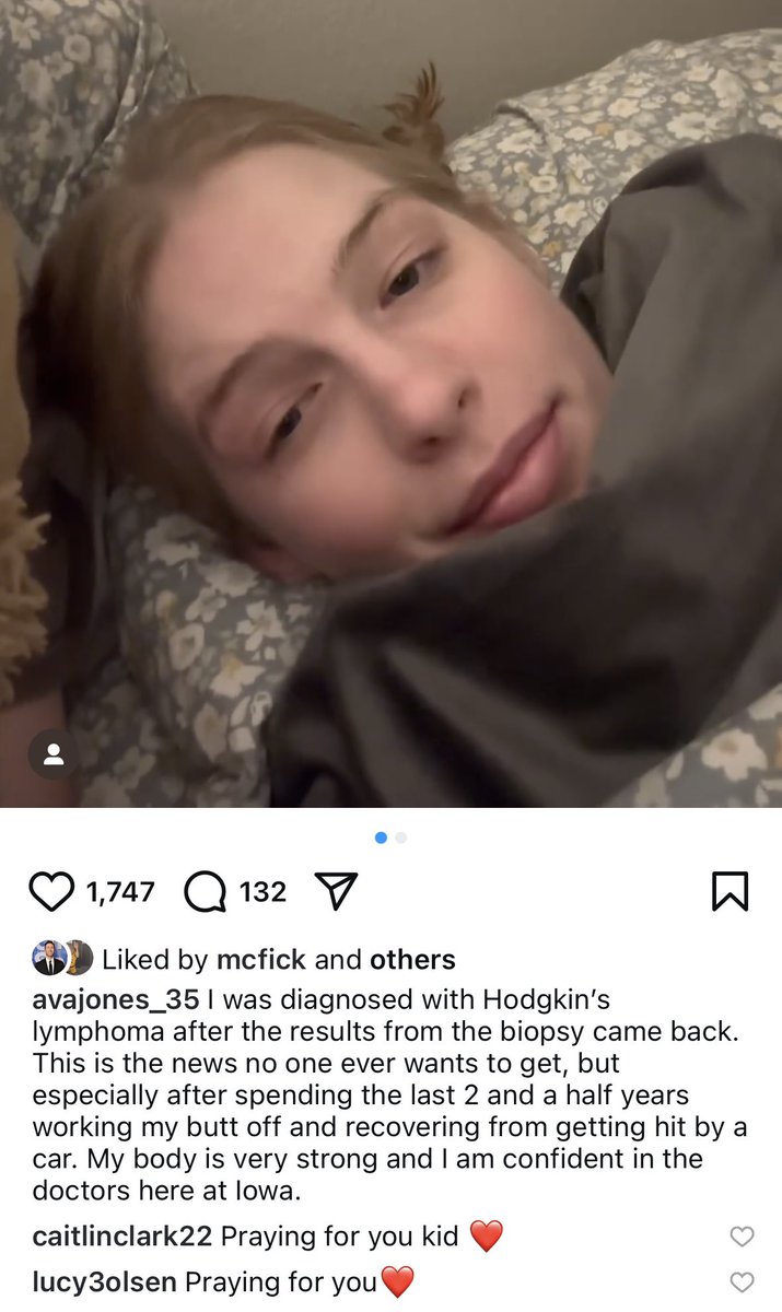 owensiebring's tweet photo. “I got diagnosed with cancer today”, says Ava Jones in an Instagram video that she made on February 4, which is World Cancer Day.

Ava’s just a sophomore in college but already has endured a lifetime’s worth of pain.
A star basketball player recruited by Iowa, she and her family were hit by a car during her senior year of high school. Her father died, and Ava’s injuries forced her to retire from basketball.
Now Ava has another fight in front of her. Wikipedia tells me that 88% of people diagnosed with Hodgkin lymphoma will live 5 years or longer. And people diagnosed under the age of 20 (which is close to Ava’s age) have a 97% survival rate.
She’s got Hawkeye nation, and a whole lot more behind her.