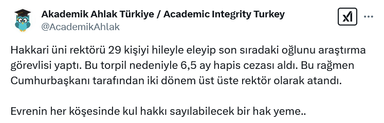AcademikAhlak's tweet photo. Bu haberi RTÜK'ün istediği gibi olumlu şekilde verelim:

Oğlunu işe almak için 29 adayı eleyen baba, hukuk mücadelesini kazanarak yeniden rektör olarak atandı. https://t.co/TGRUtzwSAU
