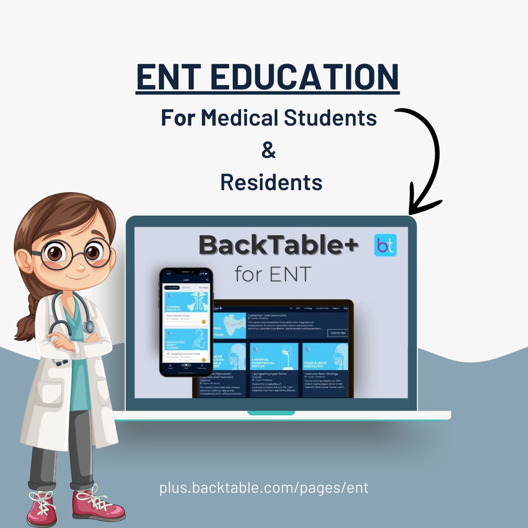 TheAuricle_Oto's tweet photo. 🚨 New ENT Resource! 🚨

BackTable+ offers bite-sized, high-yield ENT videos (3-5 min) for quick reviews before cases &amp; boards. 🎧📚

Check it out &amp; share your feedback! ⬇️

🔗 https://t.co/1yIv6fF6Xy

#MedEd #ENT #Otolaryngology #BackTableENT #TheAuricle https://t.co/IwxcoCt6hN