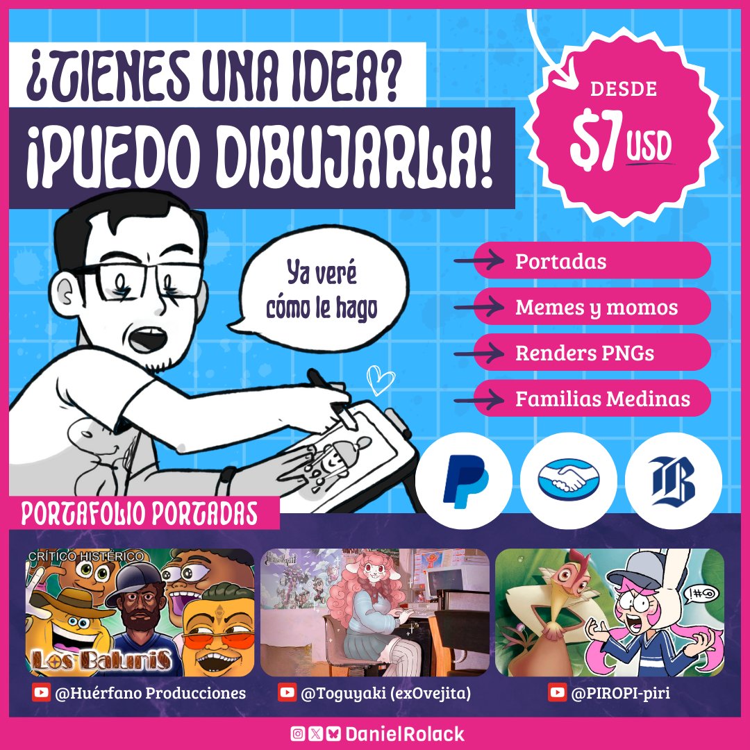 DanielRolack's tweet image. ¡𝗛𝗘𝗬 𝗧𝗨! ¡𝗦𝗜, 𝗧𝗨! 👀
¿Tienes buenas ideas para un dibujo, pero no tienes el tiempo o la habilidad para hacerlo? Entonces puedo darte una mano 👋
▶️Comisiones desde los 7USD
▶️DM para cotizaciones
▶️¡Si! Hacemos familias medinas
Si compartes, estaré muy agradecido 🤓