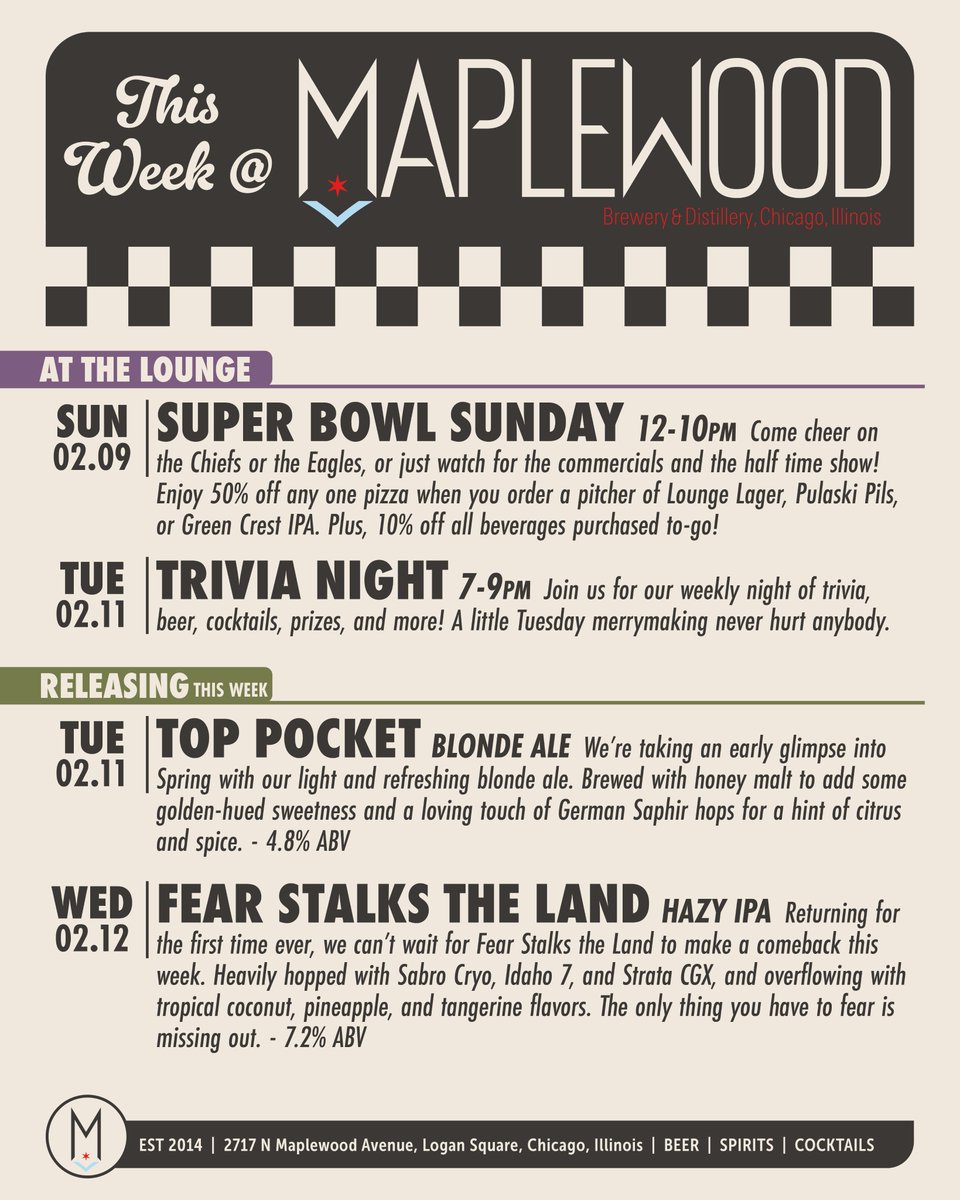 Another wonderful week ahead with on-site and to-go specials for the game, and two superb beer releases. February is rolling along nicely!