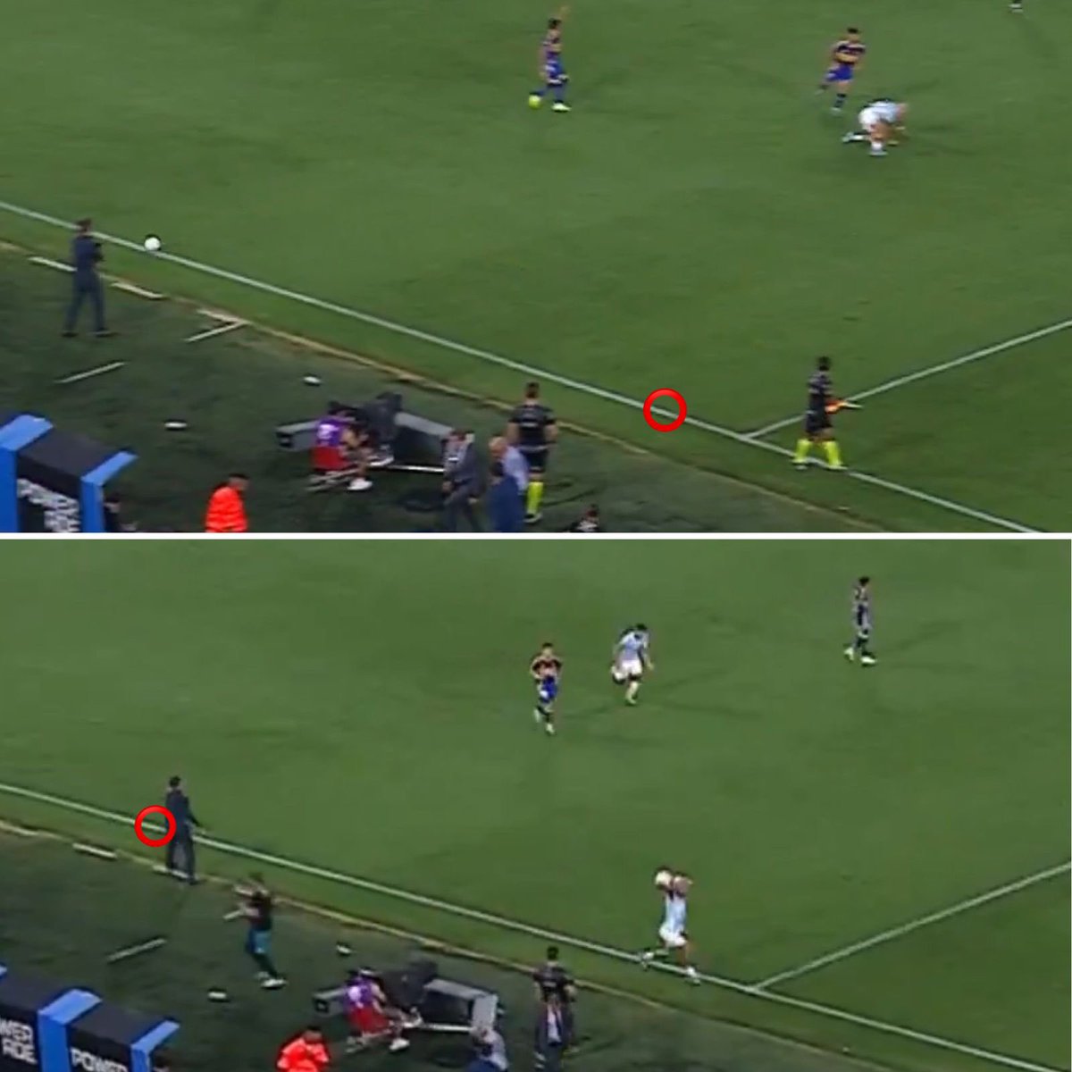 LucasBeltramo's tweet image. El radio del círculo central (9,15m) ocupa dos cortes de pasto.

Cada uno de esos cortes son de 4,57m y el siguiente es más grande, por lo que Martirena hizo el lateral unos 15 METROS MÁS ADELANTE.

Falcón Pérez, Belatti y el VAR con Delfino, bien gracias.

Cagaron feo a Boca.