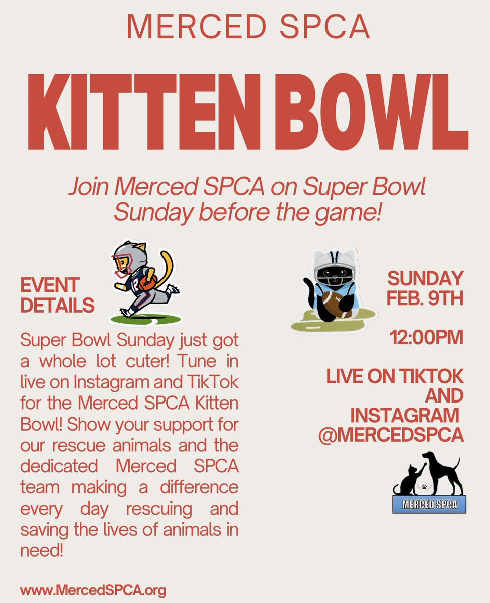 MercedSpca's tweet image. Merced’s First Ever KITTEN BOWL!

Join us live on TikTok and Instagram to watch the best plays, passes and touchdowns made in kittenbowl history! Don’t forget to visit our social media for highlights!

We hope to see you there— you PAWSitively can’t miss this event! 🐾