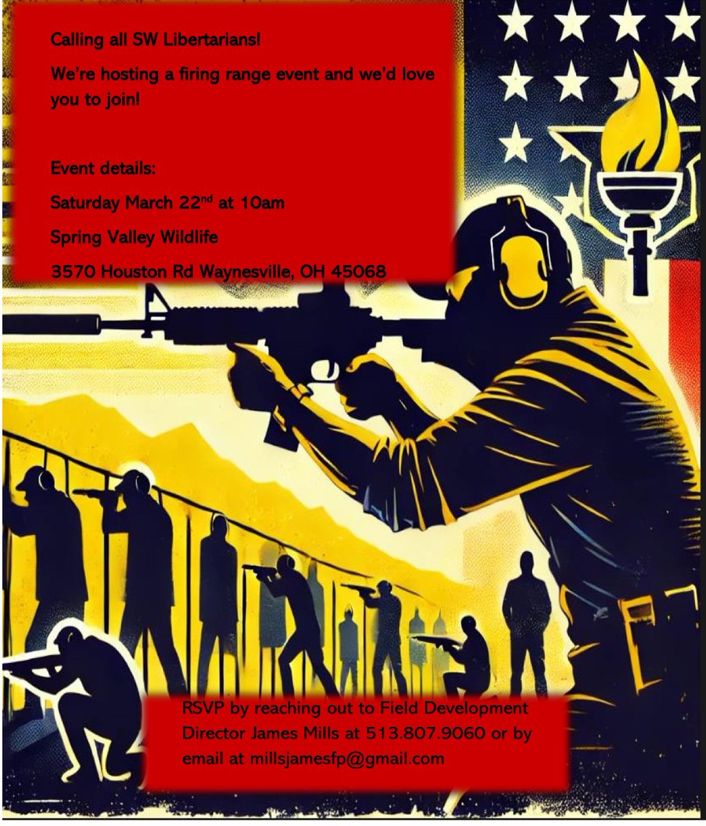 Calling all Southwest Libertarians!

We're hosting a firing range event and we'd love you to join!

Event details:
Saturday, March 22, at 10am
Spring Valley Wildlife
3570 Houston Rd, Waynesville, OH 45068

RSVP by reaching out to Field Development Director James Mills