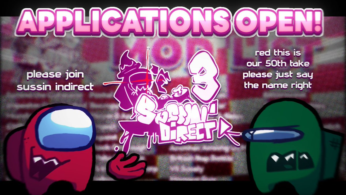 Woah what's that?🤔
SUSSIN DIRECT 3 is OFFICIALLY accepting applications!
Here's the link to apply, have fun!!
Submissions close in 2 weeks, so be quick! (20th February 2025)
forms.gle/pK7WENozn3iE3d…