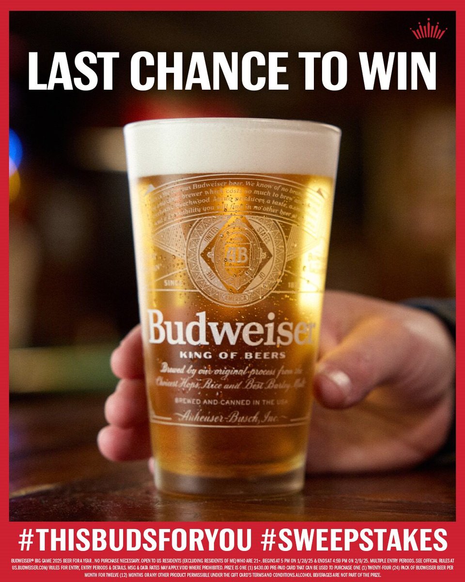 budweiserusa's tweet image. LAST CALL TO WIN A YEAR'S WORTH OF BEER. 

Enter now with #ThisBudsForYou #Sweepstakes for your chance to win.
