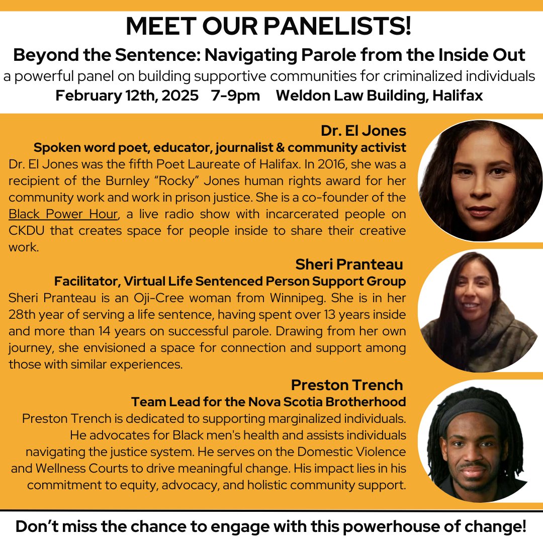 ECPJS_'s tweet image. Join
@ECPJS_
&quot;Beyond the Sentence,&quot; a panel on parole, justice, &amp;amp; community support. Hear from leaders like Farley Flex, Dr. El Jones &amp;amp; more on building inclusive, transformative communities. Open to all!