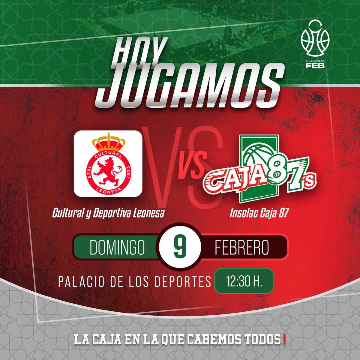 caja87basket's tweet photo. 🏀 𝐂𝐚𝐣𝐢𝐬𝐭𝐚𝐬, 𝐞𝐬 𝐝𝐢́𝐚 𝐝𝐞 𝐩𝐚𝐫𝐭𝐢𝐝𝐨

Nuevo domingo, nuevo encuentro cajista. Esta vez en la casa de la @CultuBaloncesto. ¡Vamos Caja! ❤️💚

⏰ 12:30
📺 https://t.co/umJCp1H4fr

#VamosCaja87 #SegundaFEB https://t.co/QkusgxzMxj