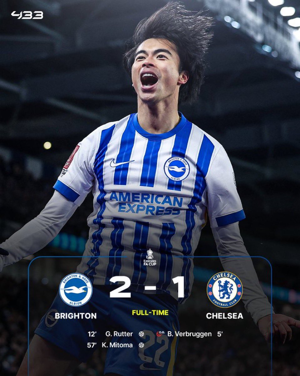 Shu_futbol's tweet image. FT: Brighton 2-1 Chelsea 

Brighton knock Chelsea out of the FA Cup by Mitoma scoring a winning-goal! 

#FACupFourthRound