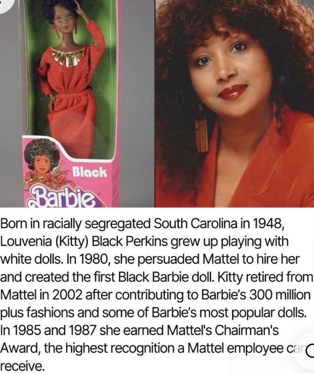 TeneiceT's tweet photo. As we continue to celebrate Black History Month, let’s honor African American Fashion Designer Louvenia (Kitty) Black Perkins. She designed the first Black Barbie in the late 1970s. (1946-Present). #BlackHistoryMonth https://t.co/aKRxOUpTP7