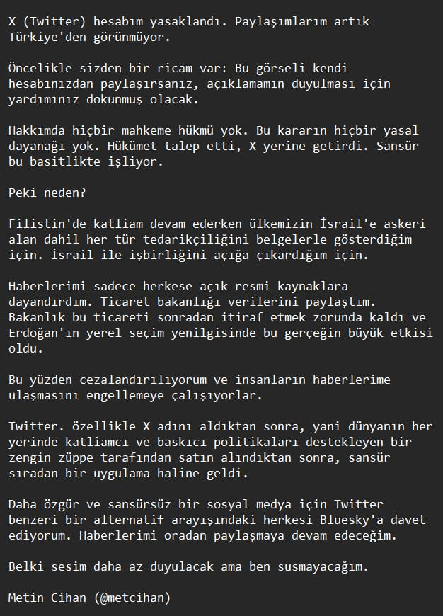 İsrail ile ticaretin devam ettiğini belgeleriyle açıklayan Metin Cihan'ın hesabına erişemezsiniz artık çünkü birileri öyle istiyor! Metin Cihan'ın mesajını elden ele ulaştıralım👇