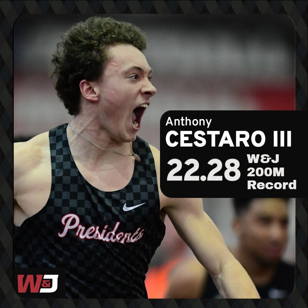 Washington & Jefferson Athletics (@wjathletics) on Twitter photo Congratulations to <a href="/WJ_TF_XC/">W&J Track & Field / Cross Country</a>'s Anthony Cestaro III on breaking the W&J 200-meter run indoor track & field record with a time of 22.28 at the Sykes & Sabock Challenge hosted by Penn State University!
The junior sprinter bests his previous record of 22.38 set in 2023!
#PrezPride Congratulations to <a href="/WJ_TF_XC/">W&J Track & Field / Cross Country</a>'s Anthony Cestaro III on breaking the W&J 200-meter run indoor track & field record with a time of 22.28 at the Sykes & Sabock Challenge hosted by Penn State University!
The junior sprinter bests his previous record of 22.38 set in 2023!
#PrezPride