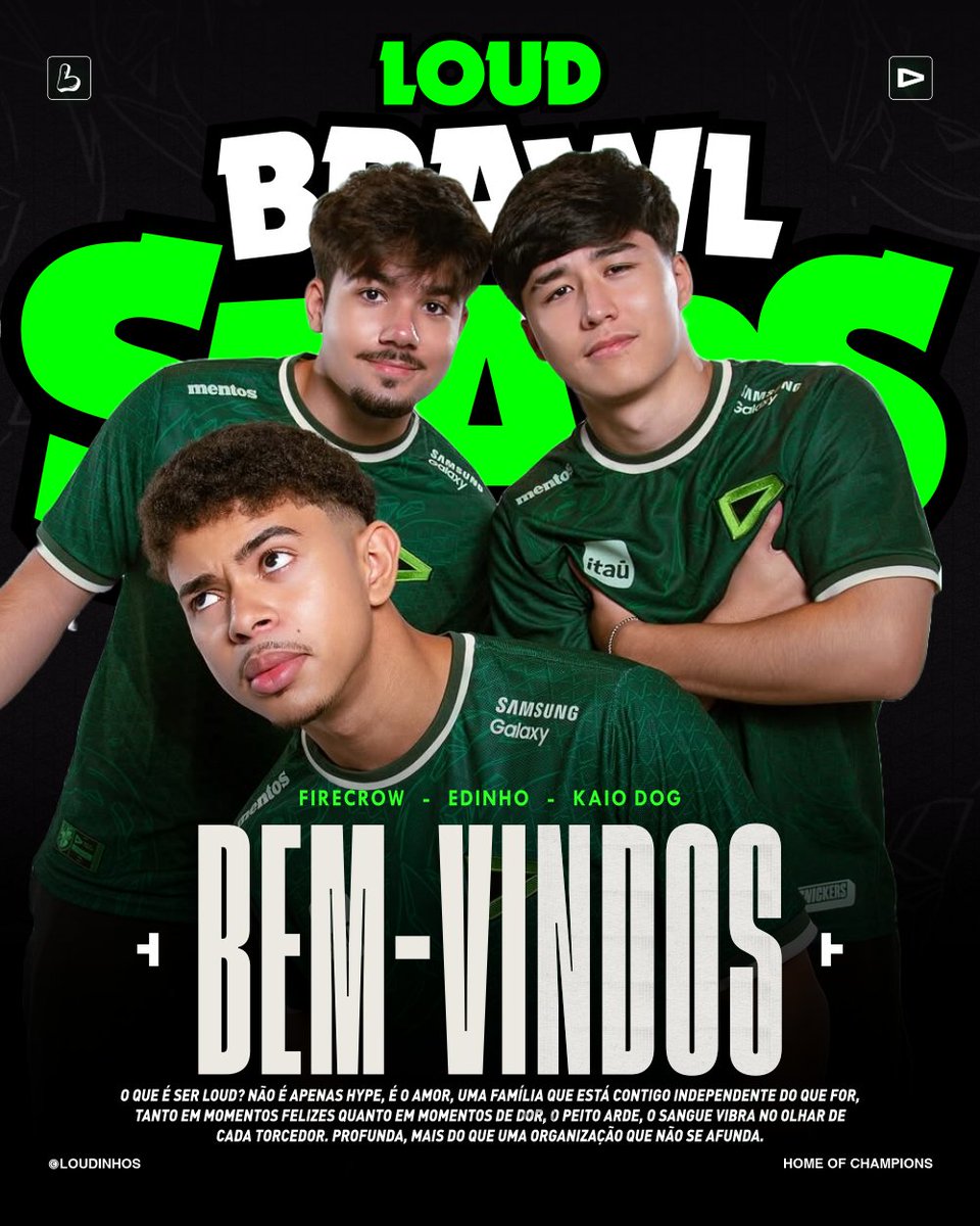 LOUDinhos 🇧🇷 (@loudinhos) on Twitter photo LOUD NO BRAWL STARS
A organização mais uma vez dá um passo a frente em direção a sua presença essencial no esports com a adição de mais uma line mobile. Sejam bem-vindos <a href="/LOUD_FireCrow/">LOUD FireCrow 🇺🇸</a> <a href="/LOUD_KaioDog/">LOUD KaioDog</a> <a href="/LOUD_Edinho/">LOUD Edinho</a> <a href="/LOUD_Role/">LOUD Role</a> <a href="/Trekking_BS/">LOUD Trekking</a> 💚
Toda a equipe LOUDinhos deseja aos LOUD NO BRAWL STARS
A organização mais uma vez dá um passo a frente em direção a sua presença essencial no esports com a adição de mais uma line mobile. Sejam bem-vindos <a href="/LOUD_FireCrow/">LOUD FireCrow 🇺🇸</a> <a href="/LOUD_KaioDog/">LOUD KaioDog</a> <a href="/LOUD_Edinho/">LOUD Edinho</a> <a href="/LOUD_Role/">LOUD Role</a> <a href="/Trekking_BS/">LOUD Trekking</a> 💚
Toda a equipe LOUDinhos deseja aos