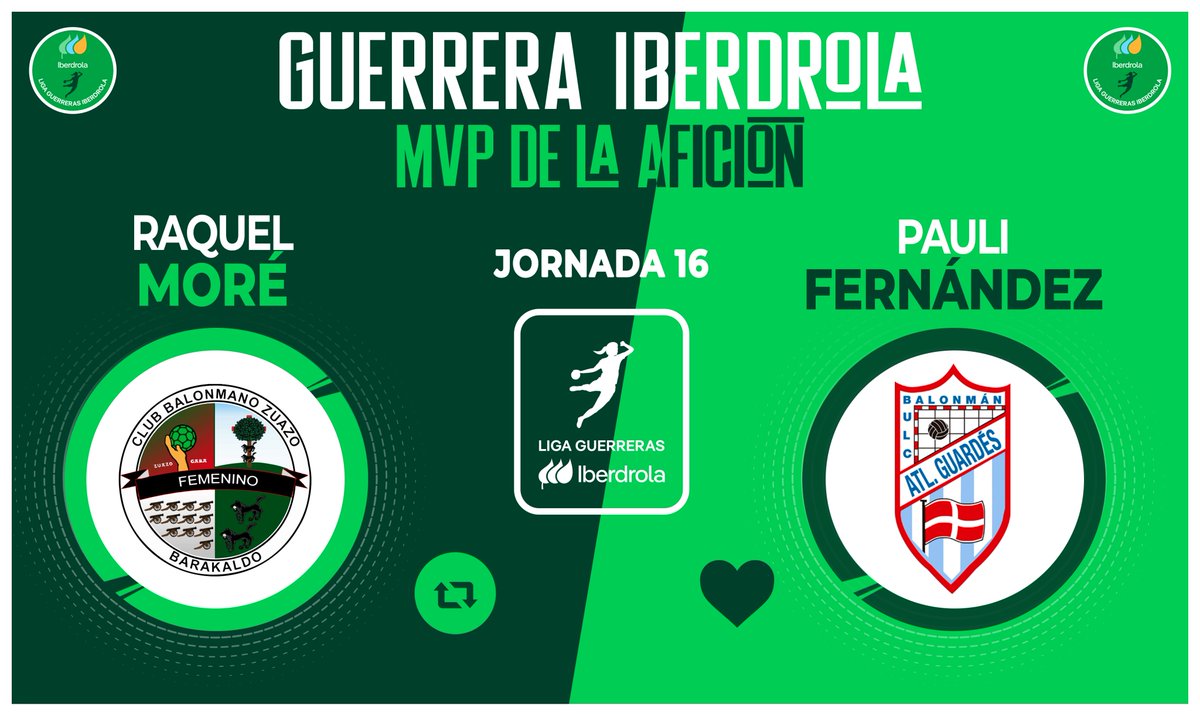 ⭐ ¡Vota ya para elegir a la #GuerreraIberdrola de la Jornada 1⃣6️⃣ en la #LigaGuerrerasIberdrola!

🆚 <a href="/CbmZuazo/">Club Balonmano Zuazo</a>  2️⃣2️⃣:3️⃣0️⃣ @Atlguardes_ofic  

♻️ RT: <a href="/raquelmore_4/">Raquel Moré Martínez</a> 
❤️ Me gusta: <a href="/fernandez14_pau/">Paula Fernández</a> 

#⃣ #SheLovesHandball