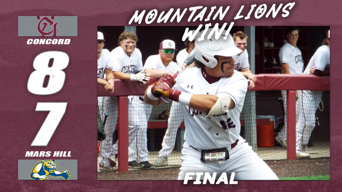 CUMountainlions (@cumountainlions) on Twitter photo .<a href="/ConcordBaseball/">Concord Baseball</a> FINAL/10
Concord 8
Mars Hill 7
Hits: Nick DiSanti (3), Demetri Jamison (2), Kaden Swaim (2), Korbin Bostic (2), Dawson Gragg (2)
RBI: Korbin Bostic (4), Nick DiSanti (2)
WP: Jake Robinson (1-0) .<a href="/ConcordBaseball/">Concord Baseball</a> FINAL/10
Concord 8
Mars Hill 7
Hits: Nick DiSanti (3), Demetri Jamison (2), Kaden Swaim (2), Korbin Bostic (2), Dawson Gragg (2)
RBI: Korbin Bostic (4), Nick DiSanti (2)
WP: Jake Robinson (1-0)