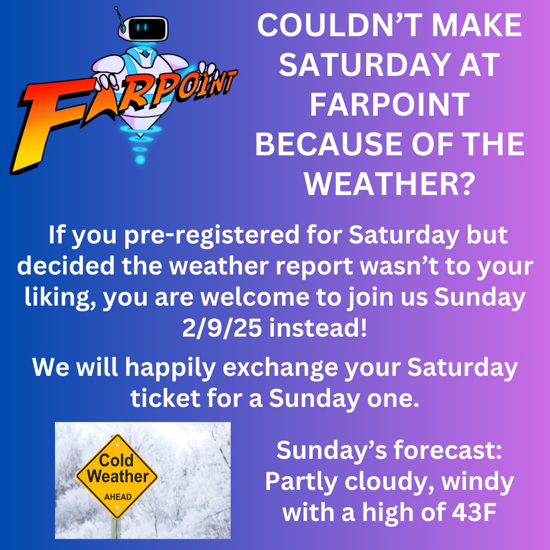 FarpointCon's tweet photo. We don't want you to miss out on the fun at #farpointconvention and hope you can still join us tomorrow! #farpointcon #farpointfoundation #supportlocalconventions #supportcreators #501c3nonprofit https://t.co/aU8iSs1kmP