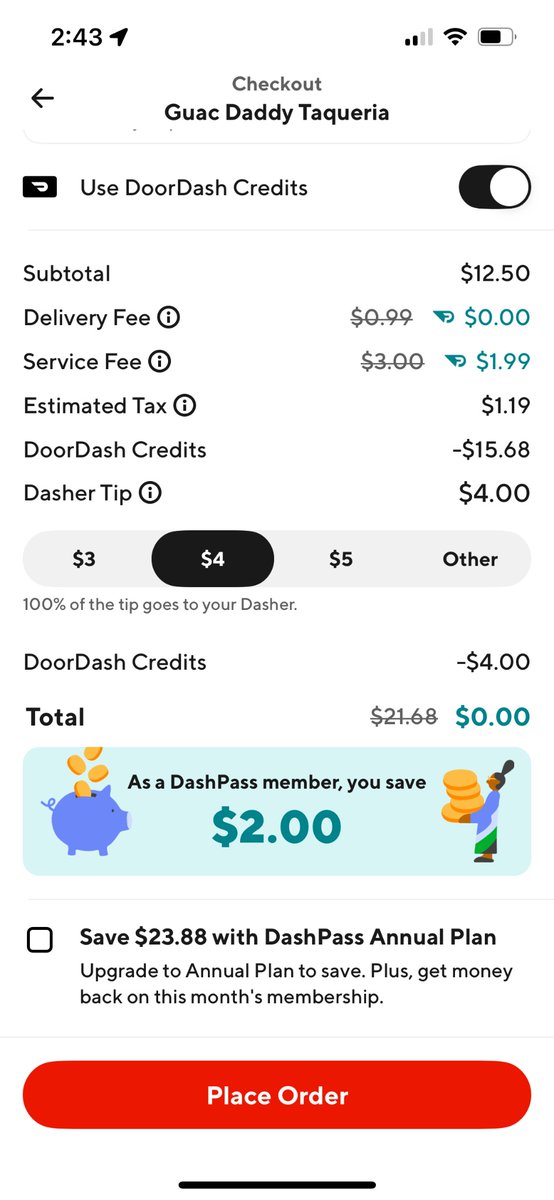 SlamHarter's tweet photo. realized @DoorDash legit is scamming people out of money with fake discounts, here is the price difference on the same order after adding a $3 discount, makes the price goes from $21.68 to $21.39. the price on the costs of food and delivery doesn’t even match the total they show https://t.co/l9GQqHDjQ0