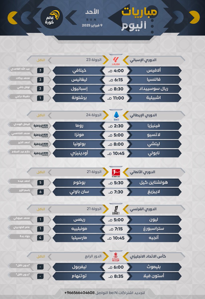 #مباريات_اليوم | الأحد 9 فبراير

⏰المواعيد
📺القنوات الناقلة
🎙️المعلقين

-- للتجديد في بي إن سبورت <a href="/Bein_Ez12/">تجديد بي ان سبورت || beIN SPORT</a>