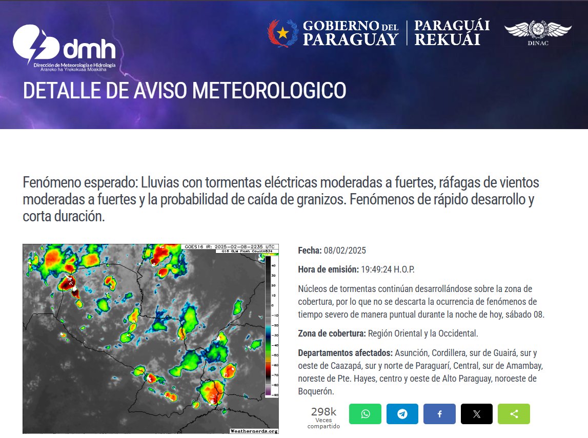 Aviso Meteorológico N°: 204/2025 Emitido.
Enlace: meteorologia.gov.py/avisos/
Fecha: 08/02/2025
Hora: 19:49 h.