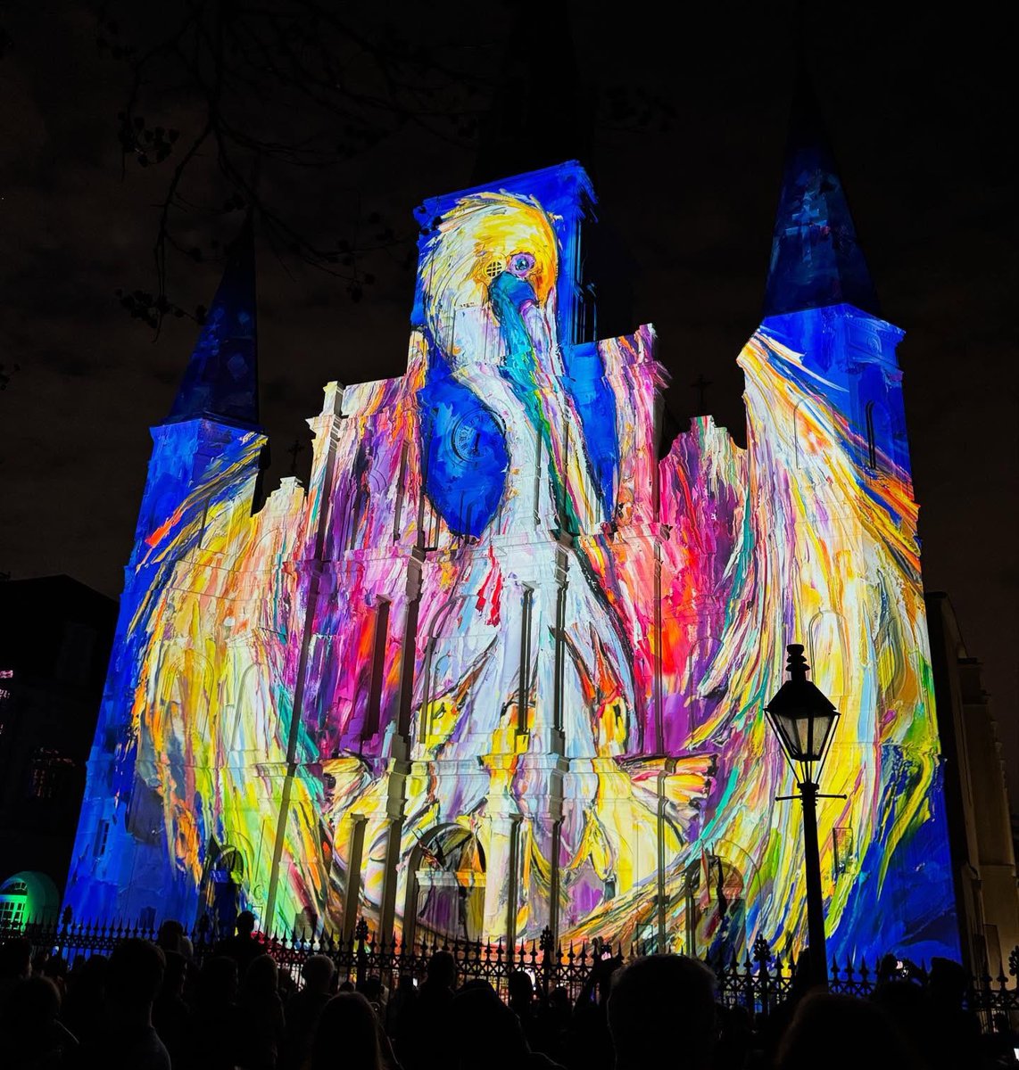 Boscoli's tweet photo. One of our favorite sights in the French Quarter for the big game is @BeckyFos artwork lit up for the world to see! #unmistakablyneworleans™ https://t.co/pCjRCvAuMV