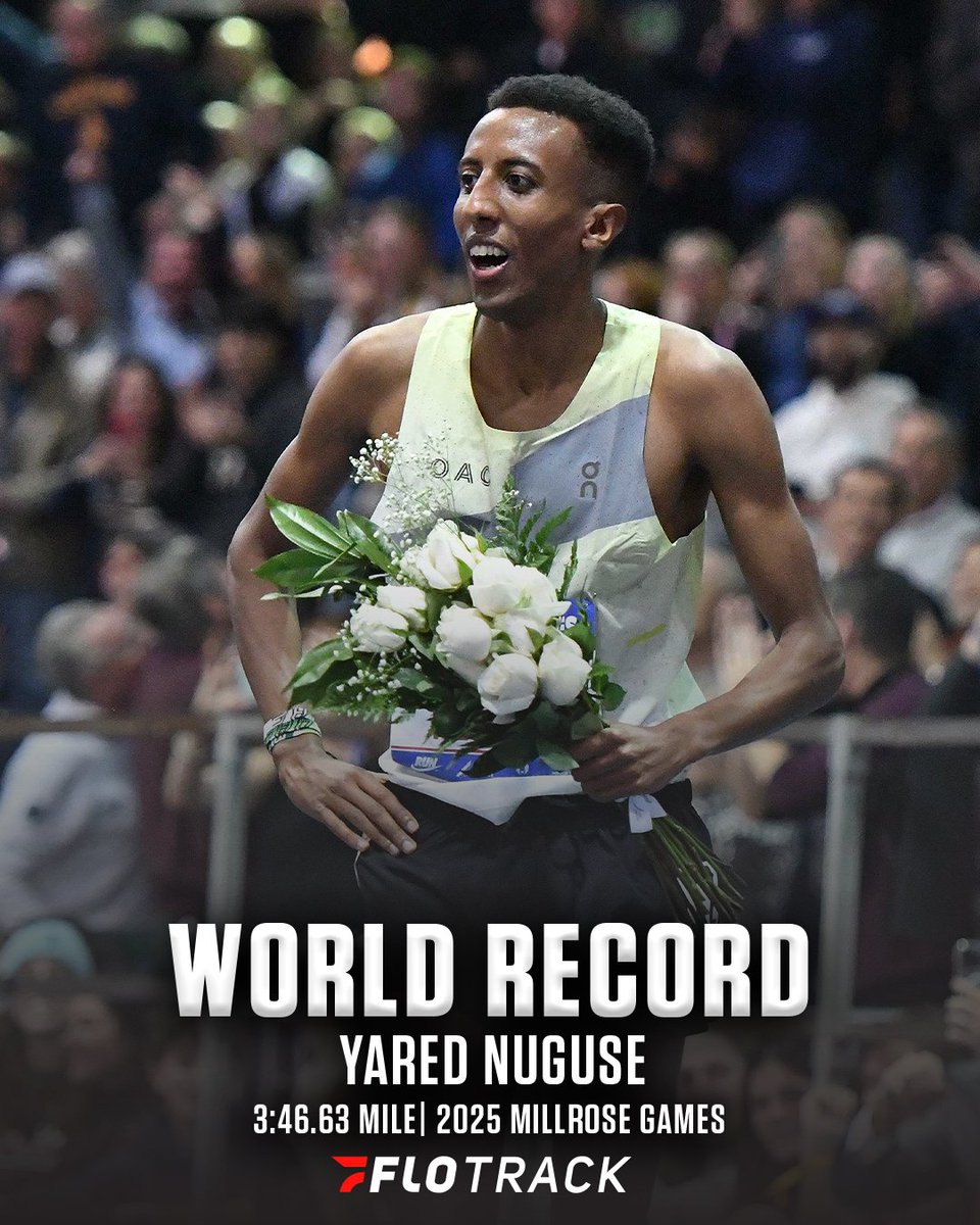 WORLD RECORD 🌎

THE GOOSE IS LOOSE. Yared Nuguse takes down the indoor mile world record and runs 3:46.63 at Millrose Games. Hobbs Kessler in second (3:46.90) also bests the previous world record.

In third, 18-year-old Cam Myers goes 3:47.48 for a U20 world record and an