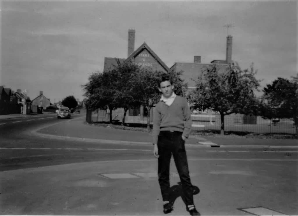 George Harrison outside the Hare &amp; Hounds in Churchdown in 1959. Photo taken by Paul McCartney apparently.