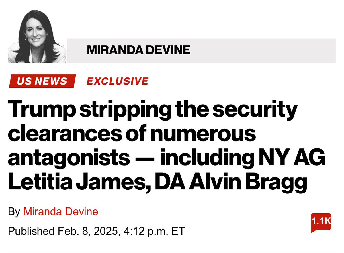 Bubblebathgirl's tweet image. President “Trump stripping the security clearances of numerous antagonists — including NY AG Letitia James, DA Alvin Bragg,” and many more.

@mirandadevine reports that the following traitors to America will be banned from secrets and many federal buildings:

Letitia James
Alvin…