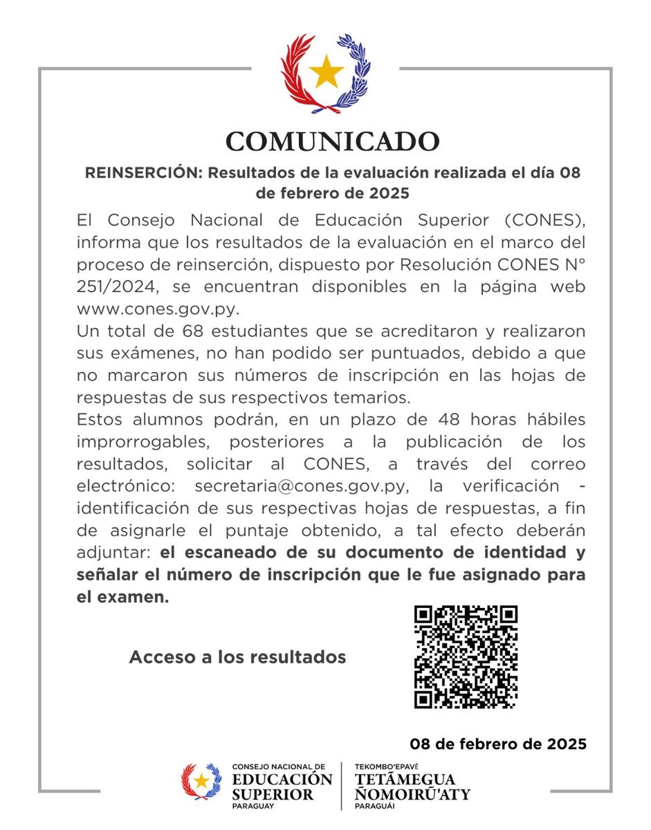 MECpy's tweet image. Comunicado del @ConesParaguay sobre los Resultados de la evaluación realizada el día 08 de febrero de 2025.

#CONES #EducacionSuperior📚🖊️🇵🇾