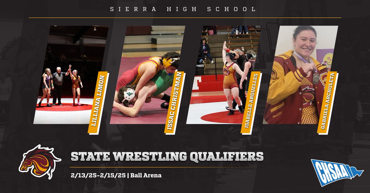 SierraHSsports's tweet photo. STATE QUALIFIERS: Congratulations to Lilli, Isaac, Isabelle, and Gabby on qualifying for the CHSAA State Wrestling Tournament February 13-15th at Ball Arena! Stallion Nation is proud of you and all of our wrestlers on a great season! #StallionUp https://t.co/I18FSxoFcZ