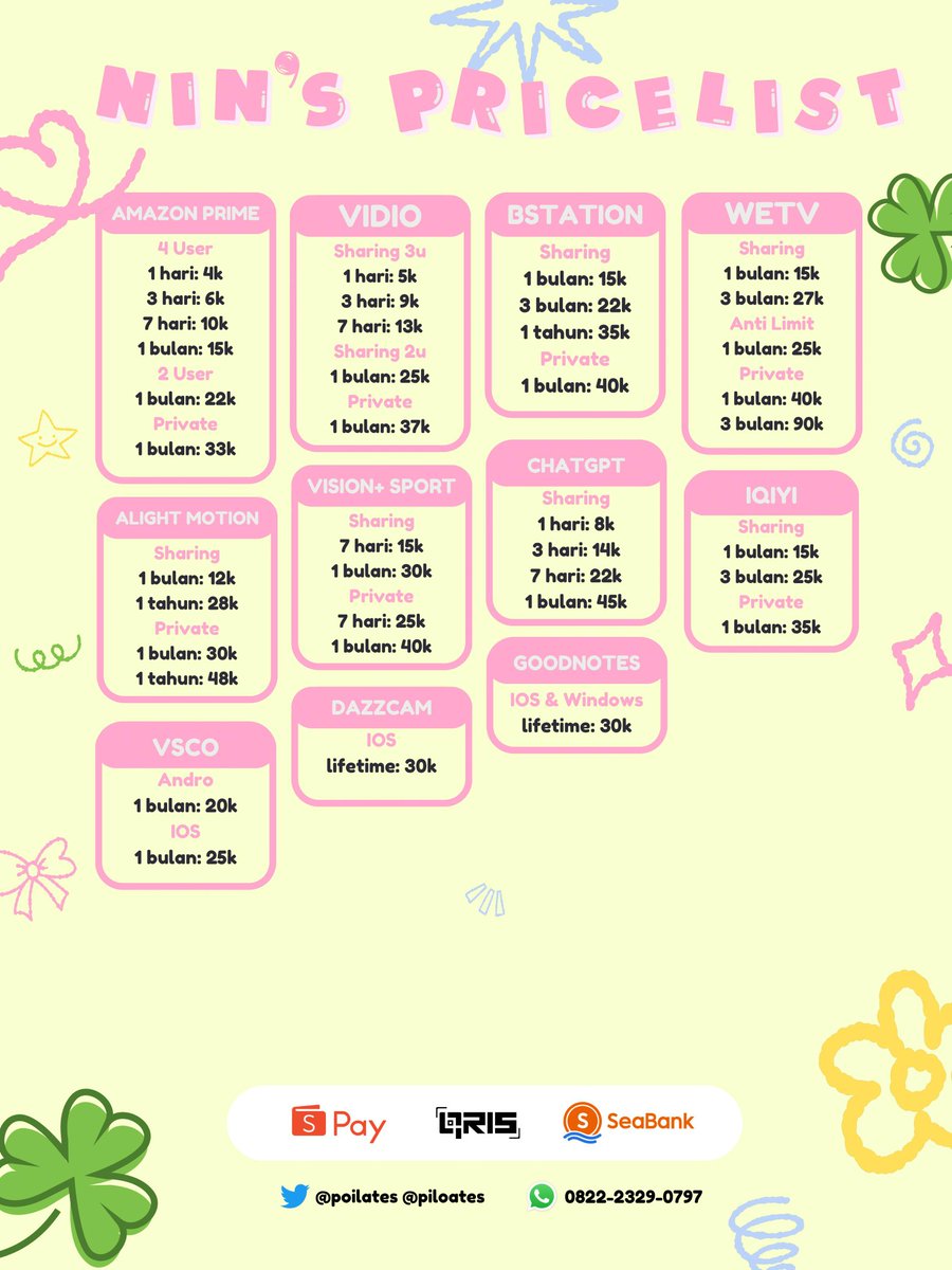 piloates's tweet image. WTB WTS JUAL BELI APP PREMIUM 👧🏻🍀

NETFLIX LOKLOK YOUTUBE CANVA VIU PICSART HBO GO DISNEY+ GET CONTACT CAPCUT AMAZON PRIME VIDIO BSTATION WETV ALIGHT MOTION AM VSCO DAZZCAM VISION+ SPORT CHATGPT IQIYI GOODNOTES 6 APPLE MUSIC 

🍮 wa : tiny.cc/nincontact

#zonauang #zonaba