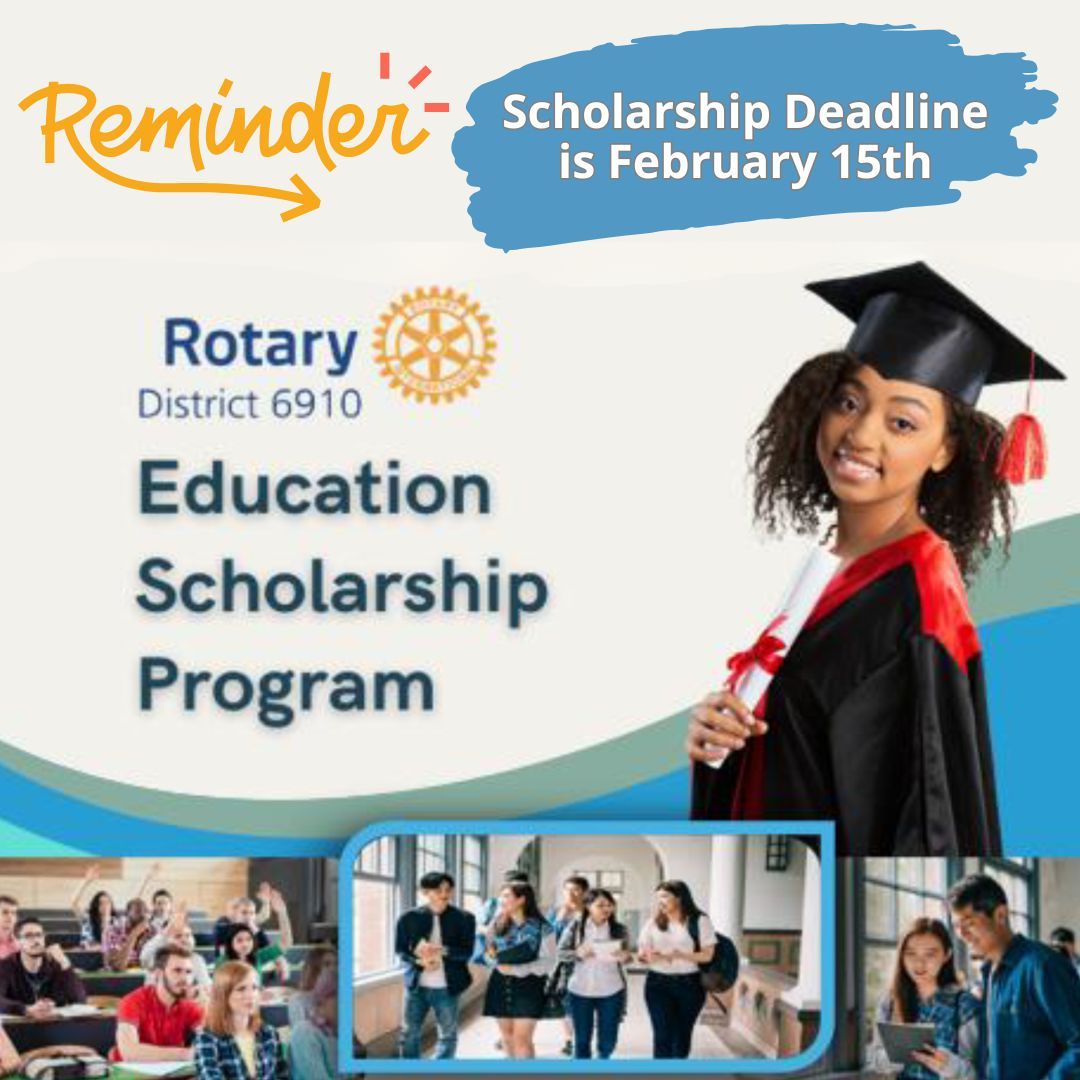 RotaryD6910's tweet image. Final Reminder: Apply for the Rotary District 6910 Scholarship by February 15, 2025! Secure funding for your education and future impact. Submit your application today or share with a deserving student! buff.ly/4gDDV4C 

#RotaryScholarship #ServiceAboveSelf #RD6910