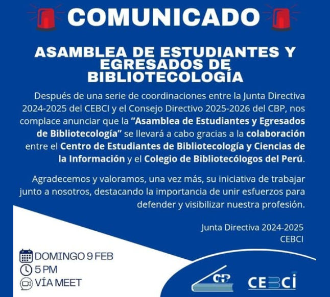 Silvana Aquino Remigio (@cibertecaria) on Twitter photo El Centro de Estudiantes de Bibliotecología y Ciencias de la Información #CEBCI <a href="/UNMSM_/">Universidad Nacional Mayor de San Marcos</a> , en colaboración con el <a href="/cbiblioperu/">Colegio de Bibliotecólogos Perú</a> convocan a estudiantes y egresados a una reunión para defender y visibilizar nuestra profesión!🕓📅9.FEB.2025 - 5:00 pm ➡forms.gle/V3mBQ8RujTaEX8… El Centro de Estudiantes de Bibliotecología y Ciencias de la Información #CEBCI <a href="/UNMSM_/">Universidad Nacional Mayor de San Marcos</a> , en colaboración con el <a href="/cbiblioperu/">Colegio de Bibliotecólogos Perú</a> convocan a estudiantes y egresados a una reunión para defender y visibilizar nuestra profesión!🕓📅9.FEB.2025 - 5:00 pm ➡forms.gle/V3mBQ8RujTaEX8…