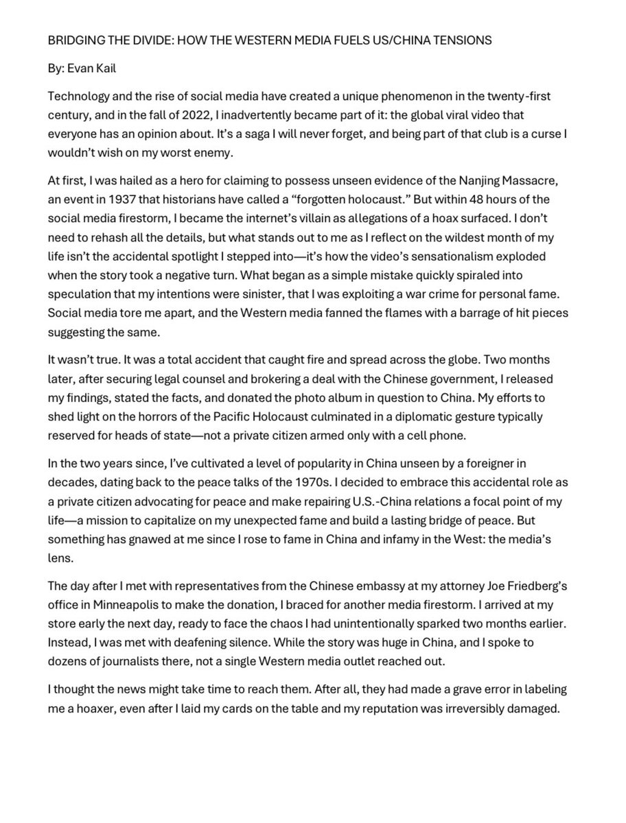 EvanKail's tweet photo. This is a 3-page article I wrote, titled “BRIDGING THE DIVIDE: HOW THE WESTERN MEDIA FUELS US/CHINA TENSIONS” — please read it and share, as this is a grave warning to the western media. https://t.co/rOWAmzt2n4