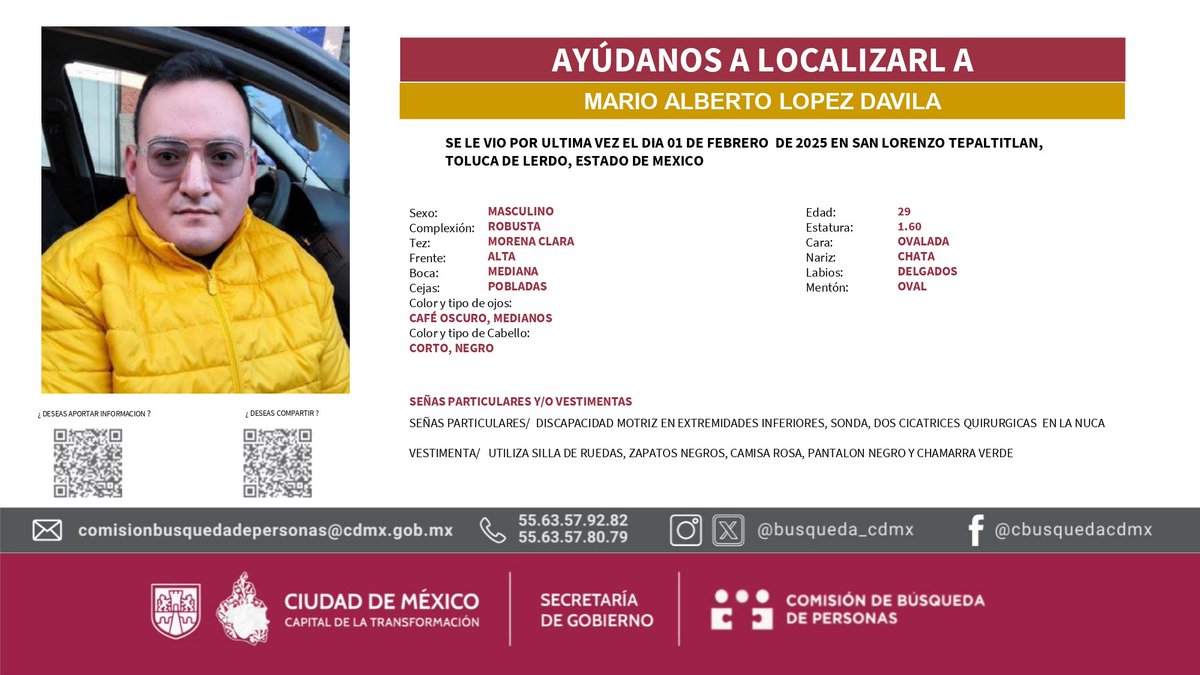 Si tienes información para localizar a Mario Alberto Lopez Davila, comunícate a la Comisión de <a href="/busqueda_cdmx/">Comisión de Búsqueda CDMX</a> mediante los siguientes números telefónicos: 

☎️55 6357 8079, 
☎️55 6357 9282, 
☎️55 6357 0525, 
☎️55 7468 8400