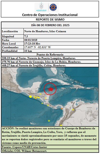 copecogob's tweet image. #COPECO Informa:

#Preliminar, Esta tarde del sábado 8 de febrero se registró un sismo de 7.3, con profundidad de 10 km, localizado en las Islas Caimán, Norte de Honduras, se realizó monitoreo y hasta los momentos no se reportan daños.