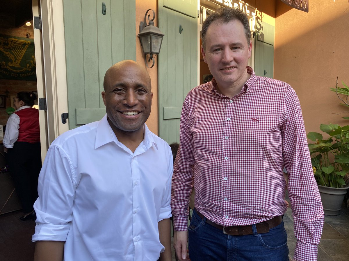 Good meeting with <a href="/MayorLucasKC/">Mayor Quinton Lucas</a> in #NewOrleans. Min. McConalogue and Mayor Lucas discussed the strong Irish links with #KansasCity + the opportunity upcoming major sports events in Kansas City and Ireland, inc College Classic and NFl games offer for growing business relationships