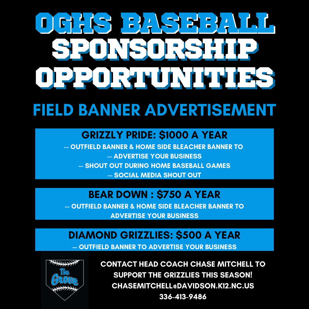 baseball_oghs's tweet image. With the season approaching there are still opportunities to help support our program. Check out the following ways you could be a sponsor. Contact coach Chase Mitchell if you are interested.