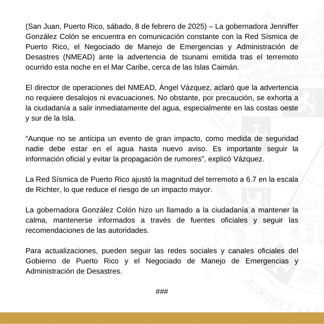Comunicado de prensa | Gobernadora Jenniffer González Colón se mantiene en comunicación con agencias de emergencia ante advertencia de tsunami